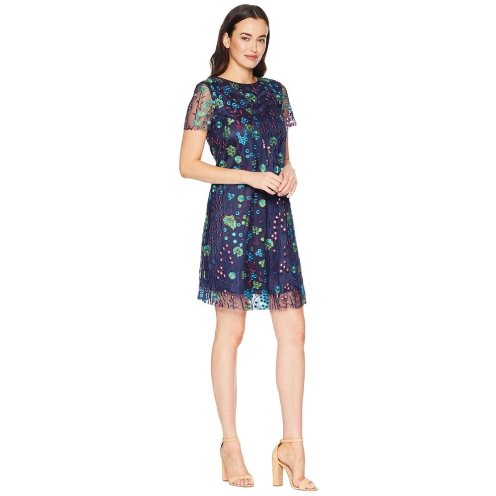 Tahari Navy Floral Embroidered Short Sleeve Dress